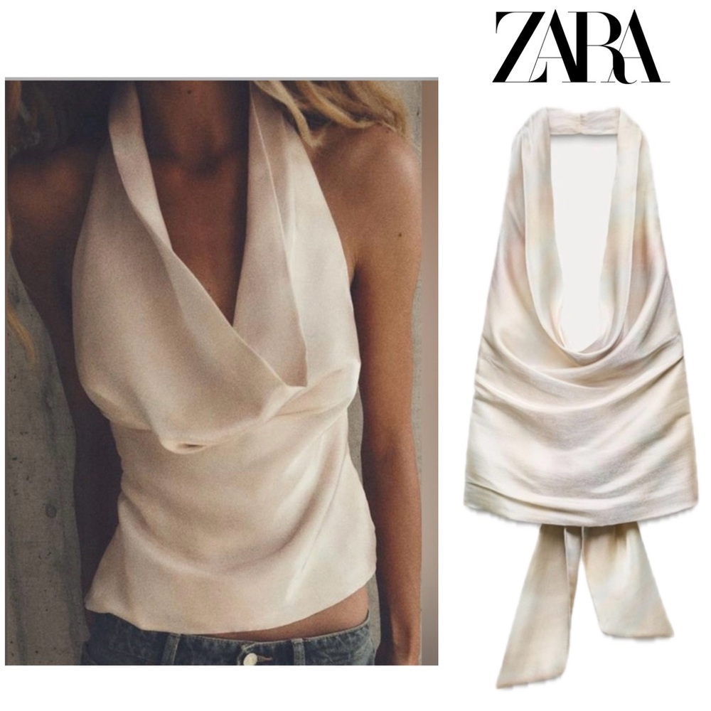 Zara ivory pearlescent ombre satin open back draped Cowl neck halter top Sz XL